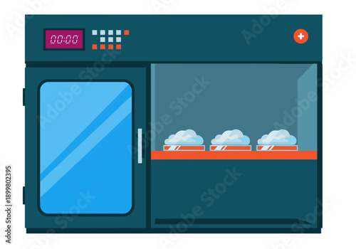 A modern incubator displays cell growth. Clean, professional lab equipment setup. Ideal for science, biotechnology, and research visuals.