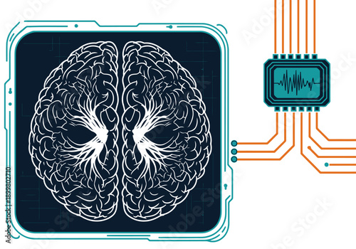 A stylized brain graphic with neural monitor technology overlaid, visualizing sleep and space. Modern, digital, and informative design.