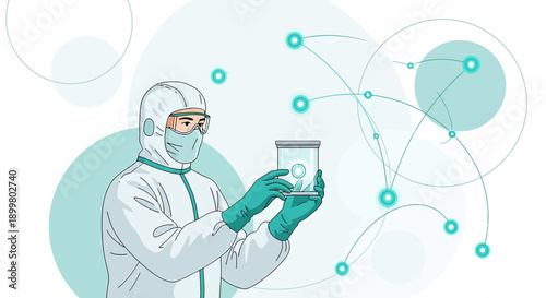 Scientist in protective suit examining vial with abstract networked elements in a lab setting