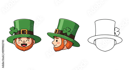 St Patrick's Day leprechaun illustrations in green hat with clover, Generative AI.