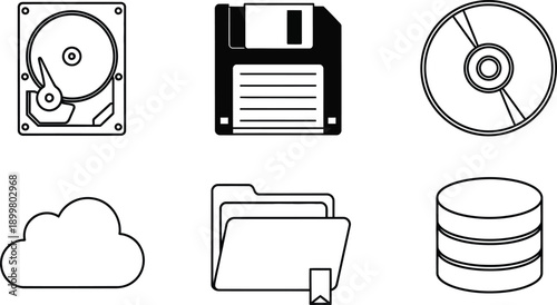 Set of computer storage and data icons including hard drive floppy disk CD cloud folder and database symbols flat vector illustration for technology and data management concepts