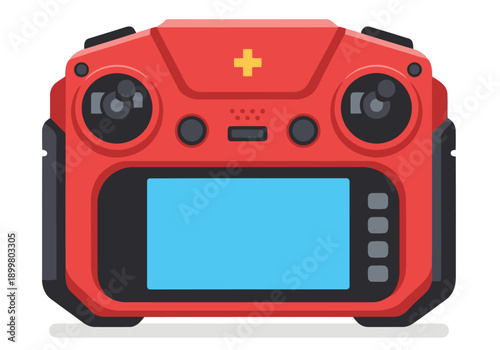 A vibrant red drone controller with a blue display. Modern, clean design. Ideal for tech, aviation, and remote control themes. Perfect for commercial use.