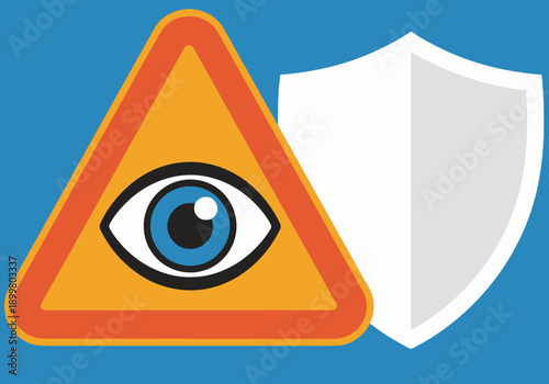 Warning graphic featuring an eye symbol and shield, representing data privacy concerns. Bold design, bright colors, and clear alert message. Suitable for digital marketing and informational graphics.