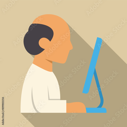 Man with receding hairline concentrating on desktop computer