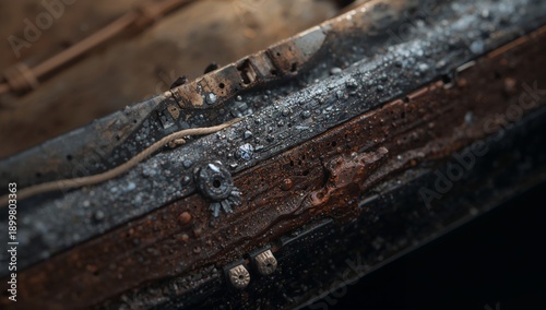 Deep Dive Exploration of a Sunken Ship Showing Rust and Marine Life in Dim Un...