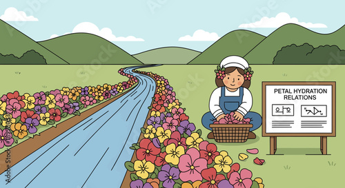 Gardener tending to flowers by a flowing river.