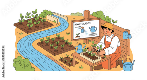 Gardener tending to plants in a home garden with irrigation system.