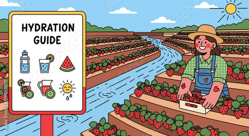 Hydration Guide Sign with Water Bottle Glass Watermelon and Sun Icons.