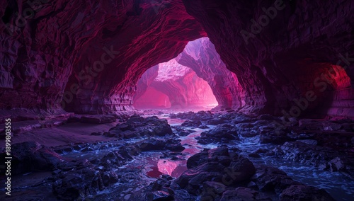 Natural Cave With Colorful Lights and Water Reflections Captures Attention at...