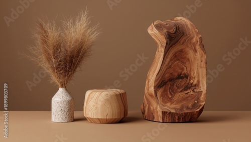Arrangement of Wooden and Glass Objects With Plants on a Simple Background Du...