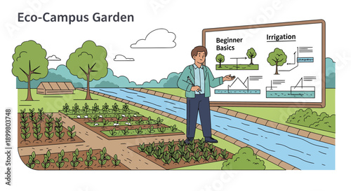 Man Explaining Irrigation Basics for Eco Campus Garden.