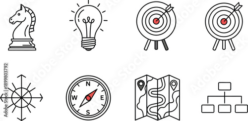 Collection of business strategy icons including chess knight lightbulb target compass map and flowchart for concept design