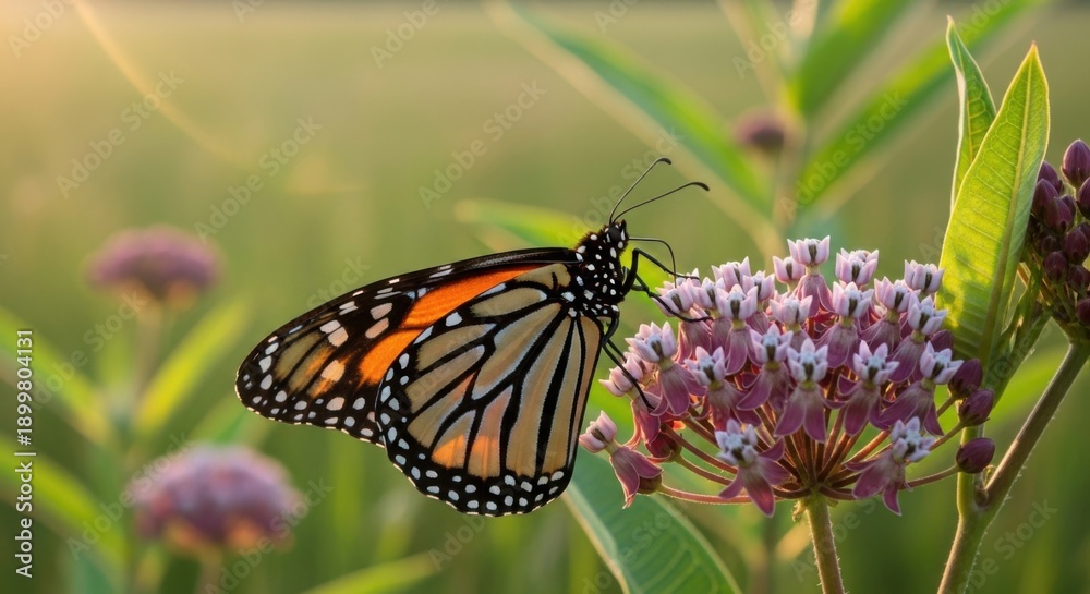 Obraz premium Monarch Butterfly Feeding on Delicate Pink Milkweed Flower in Soft Morning Sunlight