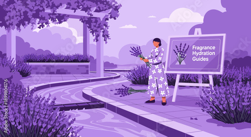 Person holding lavender bundles near a sign for fragrance studies.