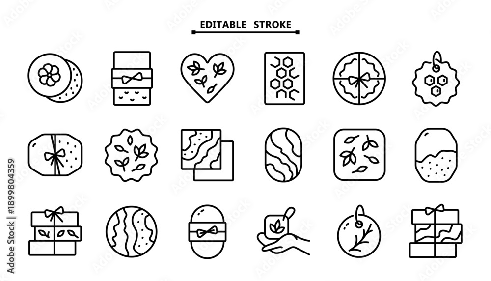Fototapeta premium Handmade Soap Icon Set: Outline Symbols for Natural Cosmetics Branding, Eco Spa Product and Herbal Beauty Gift Packaging