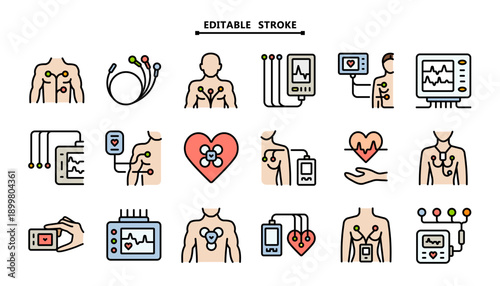 Color Cardiac Monitoring Icon Set: Editable Vector Graphics for Holter System, ECG Analysis and Digital Health Application