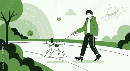Stylized illustration showcasing a man and his dog strolling through a monochromatic verdant park
