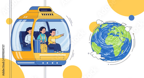 Stylized journey: A yellow cable car with passengers viewing the earth from above illustration