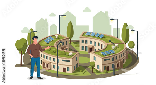 Sustainable community illustration showcasing green roofs and solar panels as sustainable