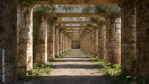 Long Pathway With Arches and Greenery Leading to a Dark Space in a Natural Se...