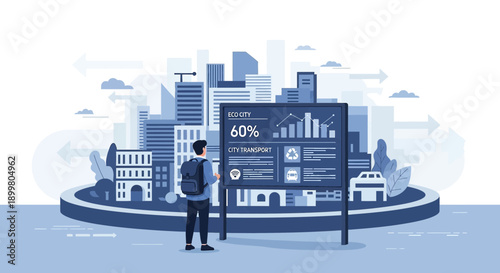 Sustainable urban future illustration showcasing ecological transport and responsible consumption
