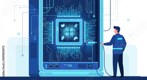 System Diagnostics and Data Analysis: A technician inspecting a server motherboard with modern