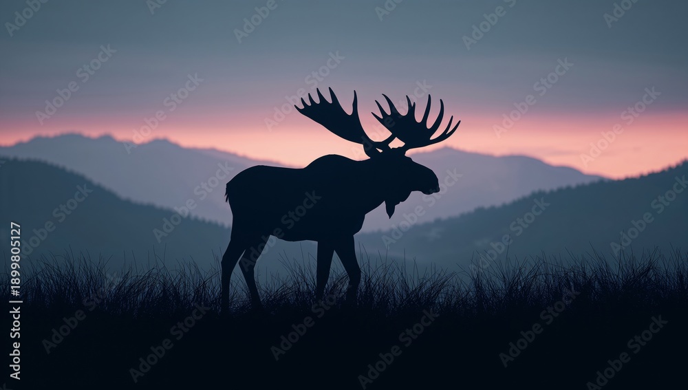 Fototapeta premium Moose Stands on Grass With Mountains and Sunset in the Background During Twilight Hours