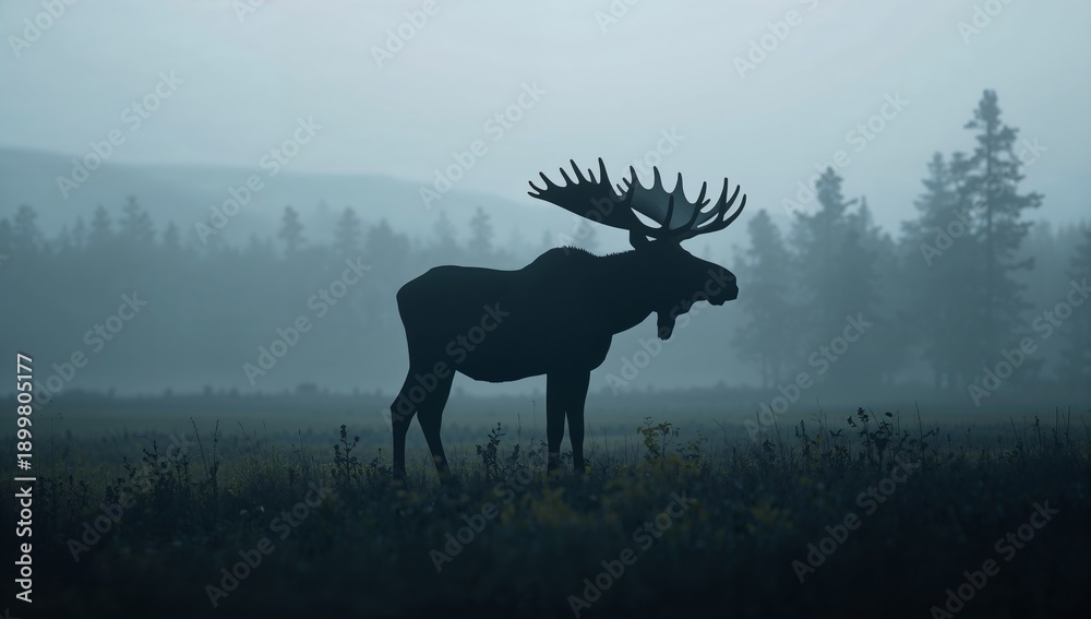 Naklejka premium Moose Stands on Grass With Mountains and Sunset in the Background During Twilight Hours