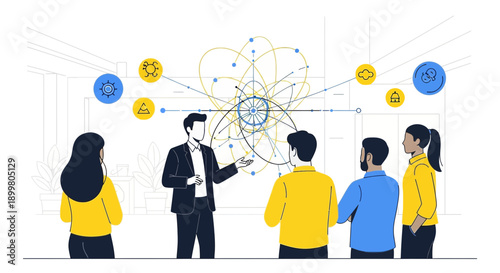 Team meeting showcasing innovative ideas and solutions presentation with global connectivity