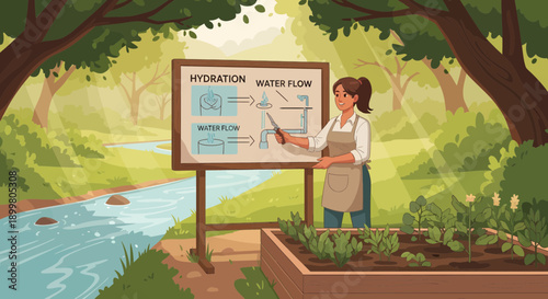 Woman Explaining Hydration and Water Flow in a Garden Setting.