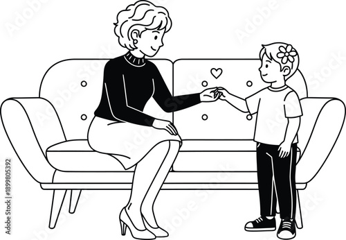 a heartwarming illustration depicts a grandmother and grandson exchanging a small gift seated near a comfortable sofa with subtle heart details