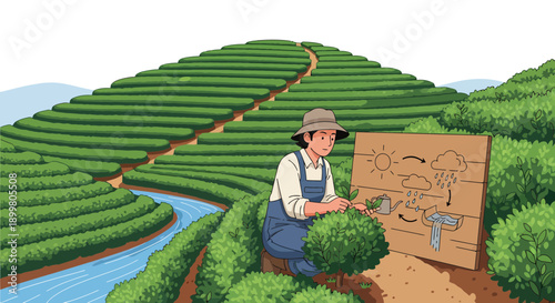 A female farmer tending to tea plants with a wooden sign.