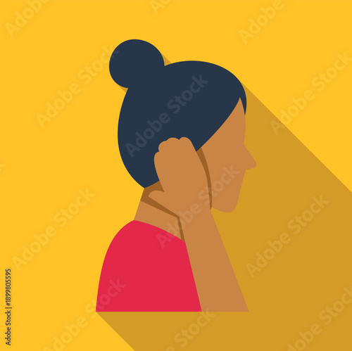 Woman covering ear, experiencing difficulty hearing or listening, on a yellow background