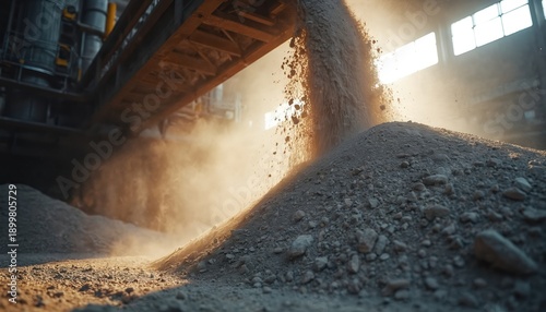 Cement clinker cascades from conveyor belt into storage pile creating dust. Industrial factory scene with raw material processing and bulk aggregate for construction.