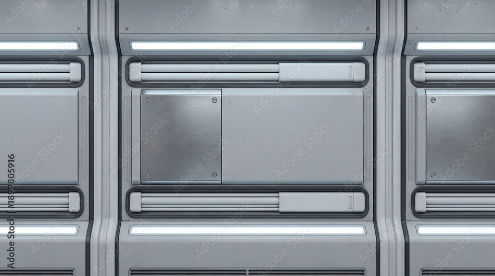 Fototapeta premium High-tech, seamless background of a futuristic metallic wall panel with glowing light strips. Ideal for sci-fi, technology, and modern industrial designs.