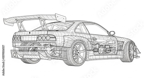 Detailed Sketch of a Sports Car with Spoiler.
