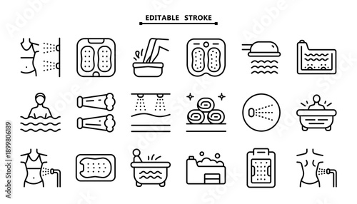 Spa Hydrotherapy Icons: Editable Outline Graphics for Aquatic Therapy, Bathing and Medical Rehabilitation