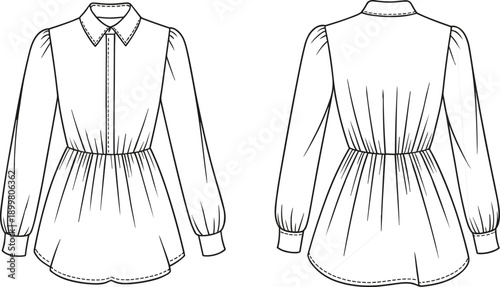 Elegant long sleeve blouse fashion design, technical flat sketch, detailed collar and cuff illustration, vector CAD drawing, front and back view shirt