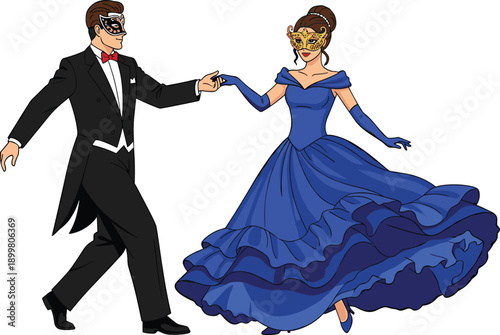 Elegant masquerade couple dancing gracefully in ballroom, wearing masks, flowing blue gown and tuxedo, romantic vintage dance, formal costume celebration