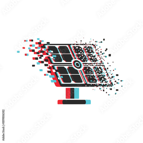 Glitch effect solar panel icon disintegrating into pixels, representing digital transformation and renewable energy disruption