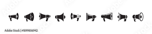 Ten various black silhouette icons representing bullhorn or megaphone equipment for speaking loud