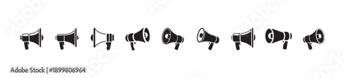 Horizontal row of eleven stylized black megaphone icons in various perspectives and forms