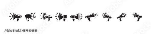 Ten different black vector icons of bullhorns or megaphones with sound wave emission lines