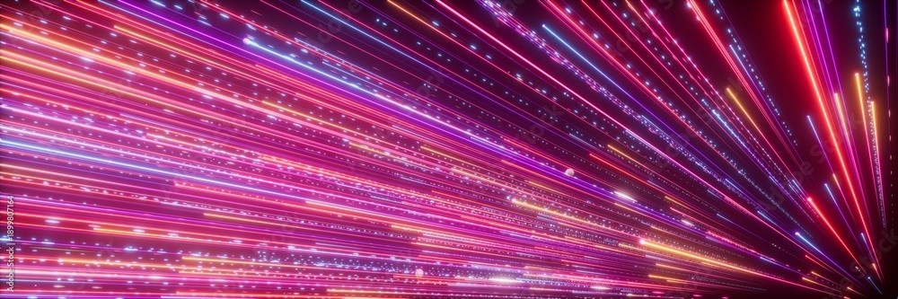 Fototapeta premium 3D neon abstract background with colorful fireworks, glowing lines, and falling stars. Meteor effects add depth and dynamic motion.