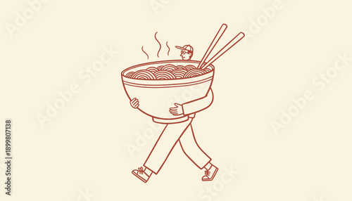 Vector illustration of walking ramen bowl with chopsticks, for food or restaurant mockup, isolated on transparent background, png