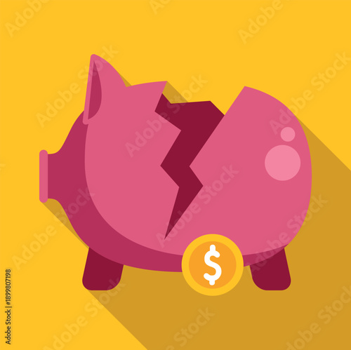 Broken piggy bank with a cracks and a dollar coin symbolizing financial loss