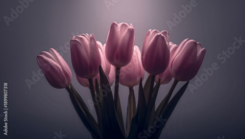 Soft Pink Tulips Stand Upright in a Vase Against a Dark Background With a Gen...