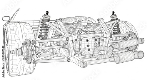 Detailed Mechanical Engineering Drawing of Automotive Suspension System.