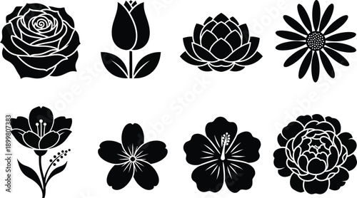 a collection of eight different black and white floral silhouettes showcasing roses tulips daisies and other blooms arranged in a grid pattern
