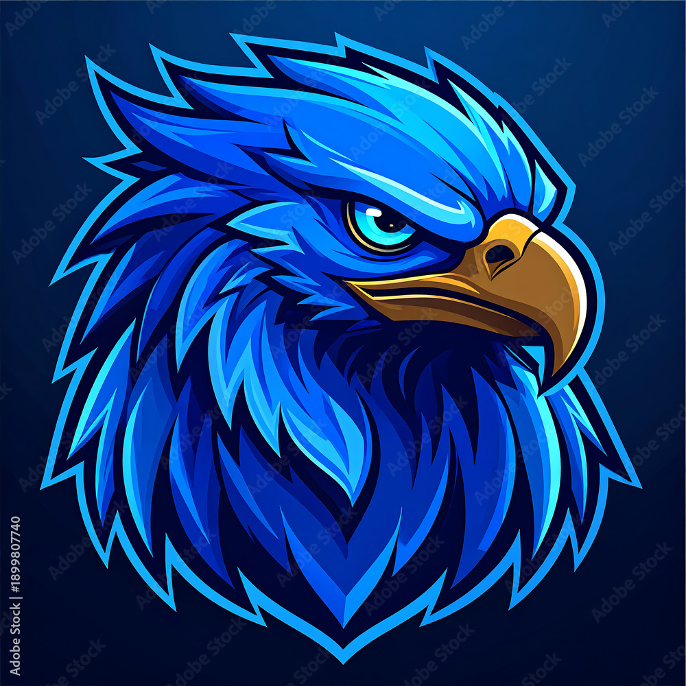 Obraz premium Bold blue eagle head. Intense, focused stare, feathers detailed, gold beak, neon outline